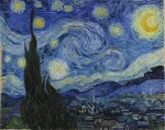 A painting with thick brushstrokes that shows a swirling night sky dotted with large stars and a cypress tree rising. in the foreground, in front of a town.