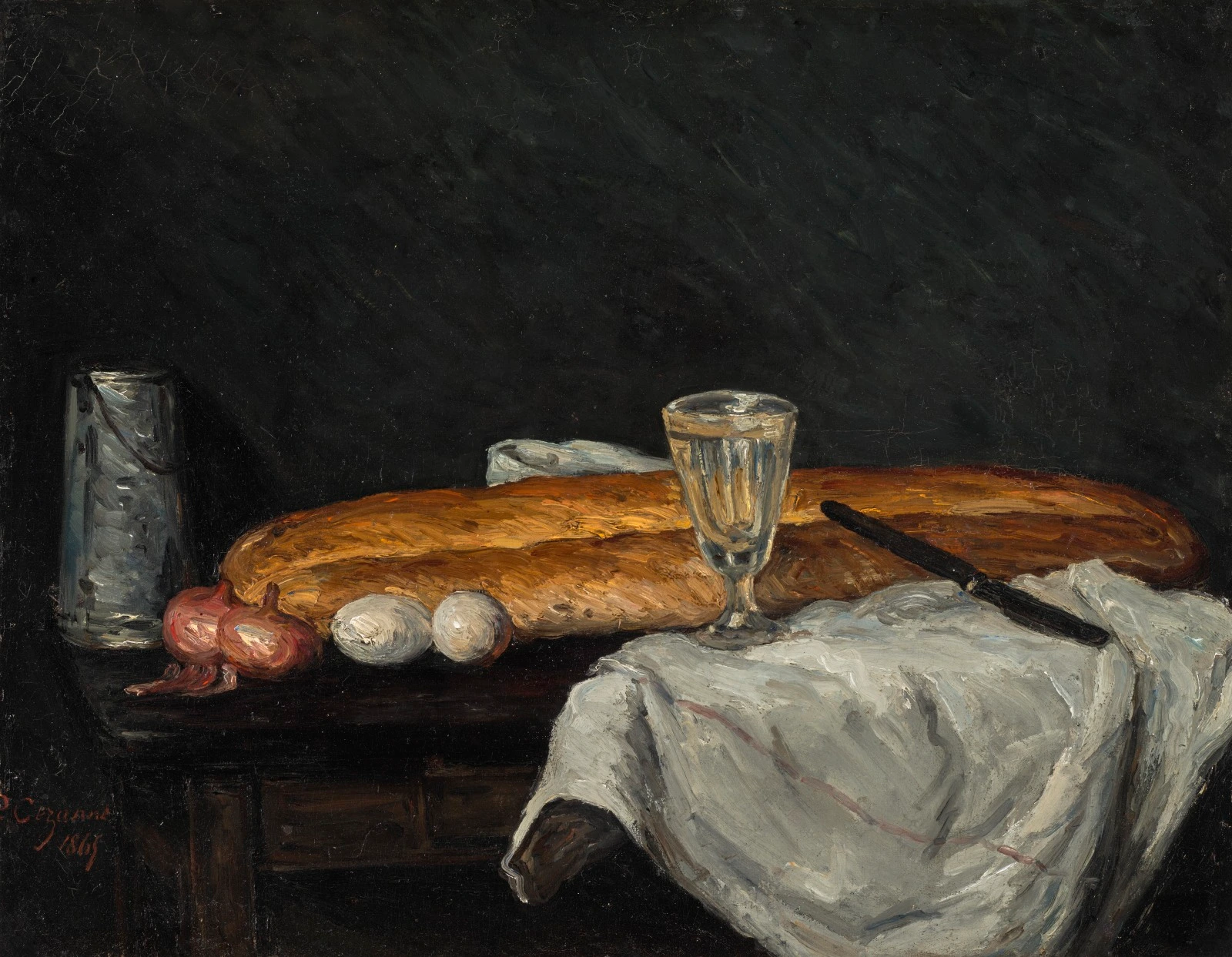 A still life featuring a loaf of bread, eggs, and a glass.