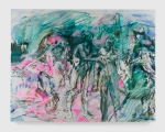 A horizontal painting full of gestural marks and washy blues, greens, pinks and dark grays. In the center, two standing male figures can be discerned along with suggestions of other human and animal forms.