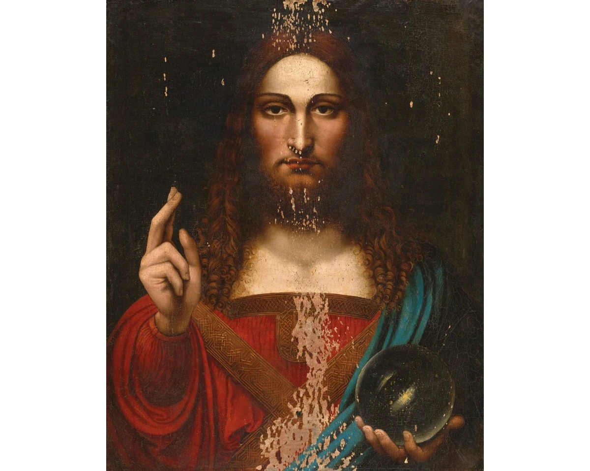 Damaged painting of a man holding up one hand and grasping an orb in another.