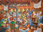 Black people dance and play music during a church service.