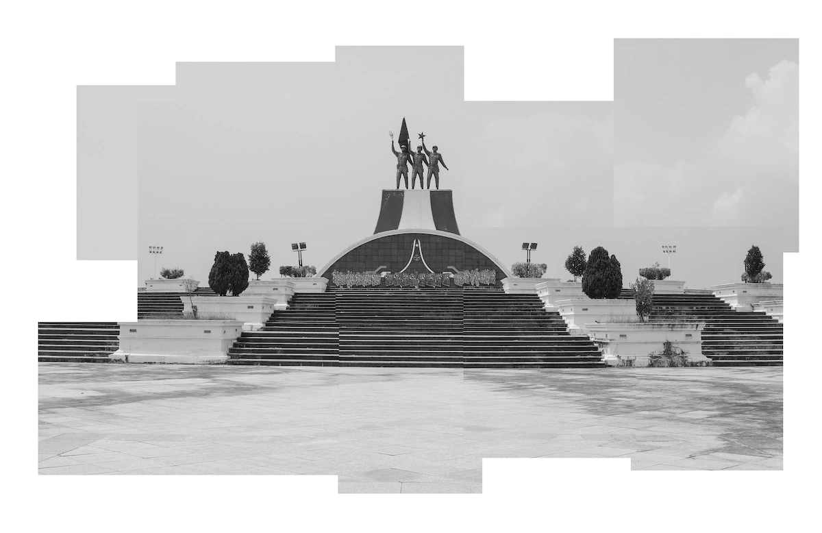 A montage of black-and-white photographs showing a monument above a staircase.