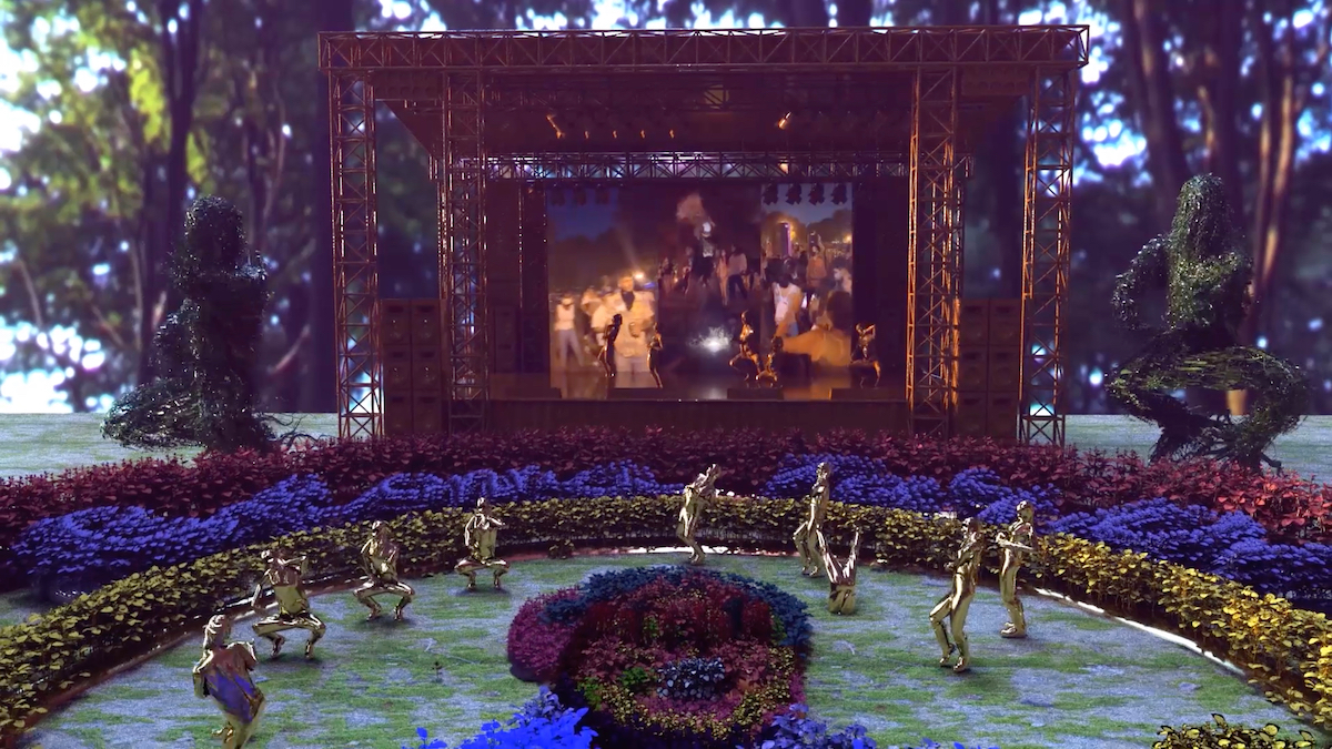 Digital image of a garden-like space with shiny figures dancing before a stage set.