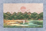 Painting of a person kneeling by the side of a lake in a mountainous landscape.