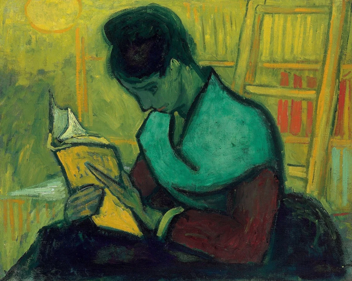 A painting of a woman reading a book. Behind her, a ladder emerges from a semi-abstract yellow background.