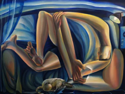 An oil painting showing a person lying in bed with exaggerated limbs that contort into the too-small bed. The background and setting is mostly blue. 