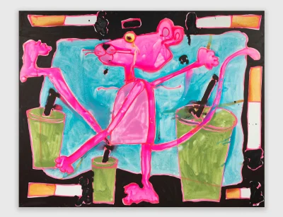 A painting of Pink Panther in motion. He is surrounded by green cups with black straws and burning cigarettes. A blue rectangle is behind him. 