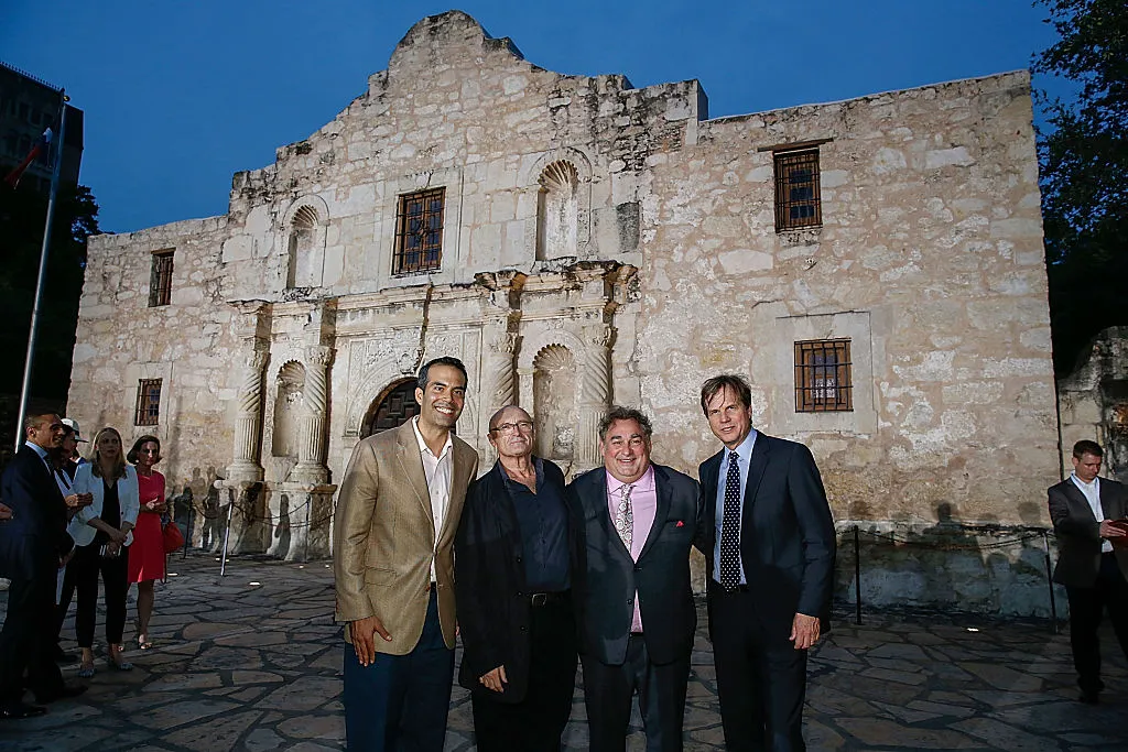 SAN ANTONIO, TX - MAY 18:  (L - R) Texas General Land Commissioner George P. Bush, Phil Collins, Executive Producer Leslie Greif, and Bill Paxton attend the "Texas Honors" event to celebrate the epic new HISTORY miniseries "Texas Rising" at the Alamo on May 18, 2015 in San Antonio, Texas.  (Photo by Rick Kern/Getty Images for HISTORY)