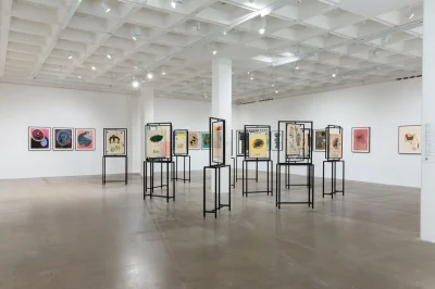 Installation view of a museum showing various abstract drawings. About half are installed on the walls, and the other half are installed in the center of the room on structures that show the front and back. 