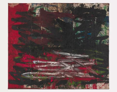 An abstract painting with several visible brushstrokes that are mostly black, red, and white.