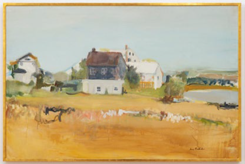 A somewhat blurry photograph shows a painting of a farm landscape with a few houses or barns and a field that is a rich golden brown.