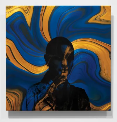 A painting showing a blue and yellow swirl over a photograph of a young Joan Quinn.