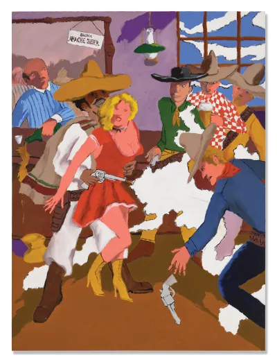 A painting showing a bar scene in which a woman is being violently accosted by a cowboy. There are whited-out portions in the canvas.
