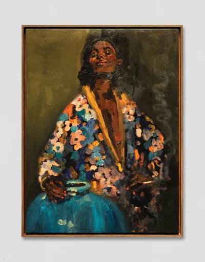 A painting of a Black woman who looks up with her eyes closed. She wears a jacket with a floral design and holds a cigarette in one hand and an ashtray in the other.