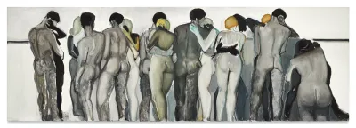 A very horizontal painting showing various naked figures in various shades of gray. They face away from the viewer.