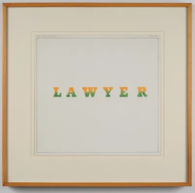 A print that reads LAWYER with the letters in a gradient of yellow-orange to green.