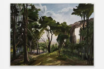 A landscape painting with dropping trees that border on the surreal.