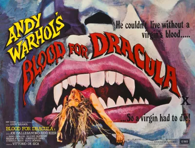 A poster showing a woman dangling out of a mouth with sharp teeth. There is text overlaid that reads