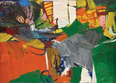 An abstract painting with various blocky sections of different colors like green, gray, orange, yellow and more.
