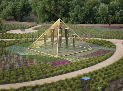 A sculpture featuring elongated pyramids in glass that look like icicles encased in a gold pyramid.