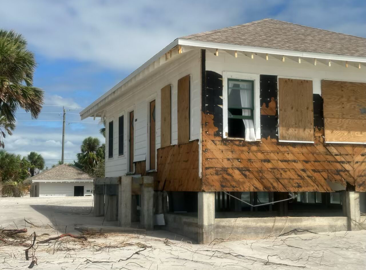 A building at the Hermitage Artist Retreat in Manasota Key, FL showing signs of damage from Hurricane Milton.