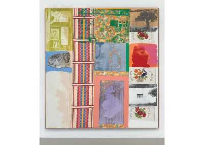 A painting showing collaged images in single colors including a tree, antiquities, and wall papers.