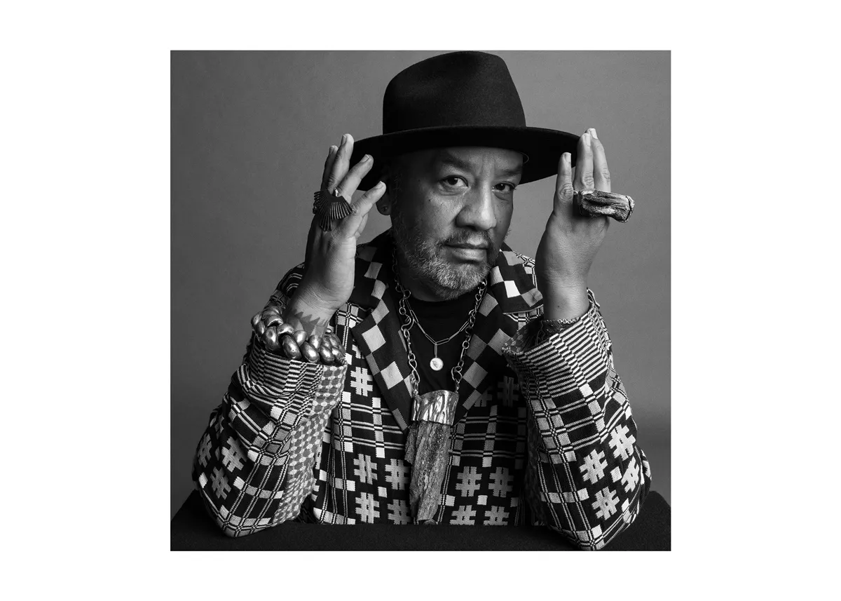 Black-and-white portrait of Jeffrey Gibson.