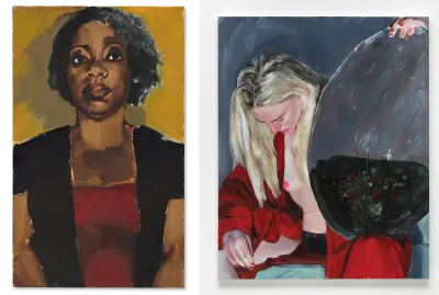 Composite images of two figurative paintings. At left one of a Black woman on a yellow background. At right a white woman with her robe open showing her breast and she holds a mirror that reflects a vase of flowers.