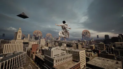 A still showing a woman on a floating piece of metal over New York City.