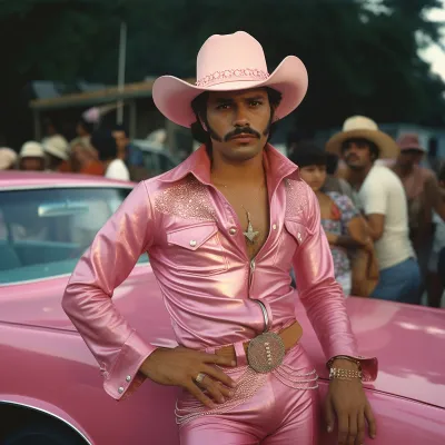 A portrait of a cowboy in an all-pink outfit and pink hat in front of a pink muscle car.