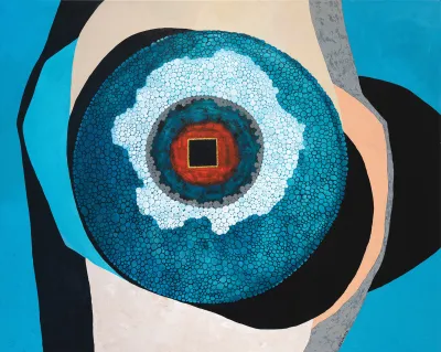 An abstract painting with various misshaped circles and a black square in the center.