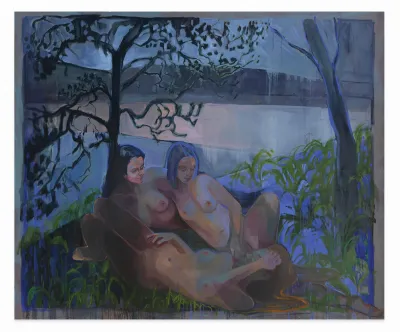 A painting of three nude women in a dreamy blue-gray landscape.