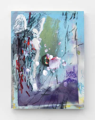 An abstrat painting that has various marks and is mostly light blue with sections in green, purple, and white.