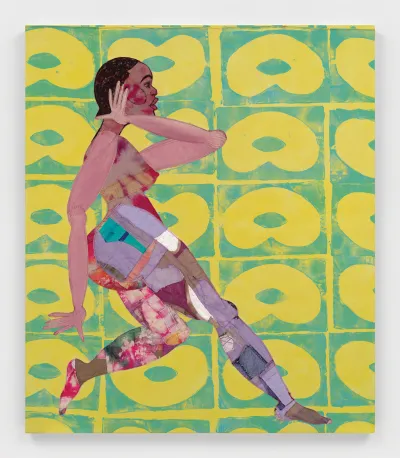 A collaged painting showing a woman, who is made of various pieces of textiles, set against a yellow-and-green background.
