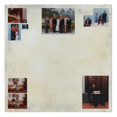 An assemblage of photographic prints of Black people on aged mirror.