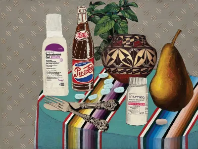 A collaged still-life featuring vintage gray wallpaper in the background, a painted table covered by a Mexican sarape, a vase with a green plant growing out of it, a pear, an old-school glass Pepsi-Cola bottle, a photo of silver fork and knife and two medicines as well as blue pills.