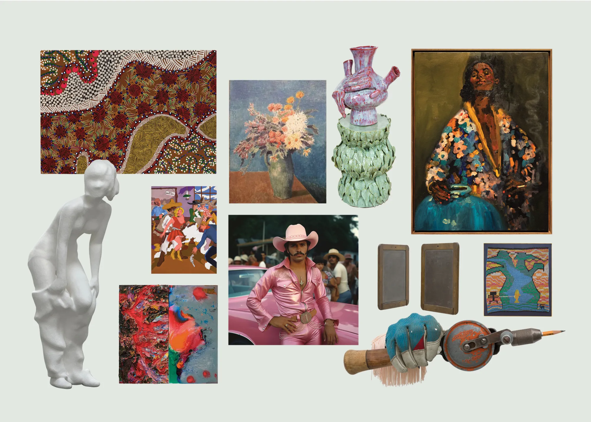 A collage showing various artworks, including paintings, sculpture, textile works, and photography.