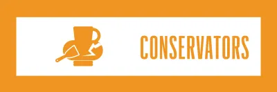 A banner that reads conservators with an icon of a cracked vase with a tool trying to repair.
