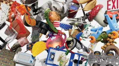 An image of various floating objects like musical instruments, household appliances, a chessboard, an exit sign, a fortune cookie, and much more.