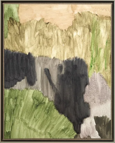 An abstract painting that is mostly green, gray, light brown, and black.