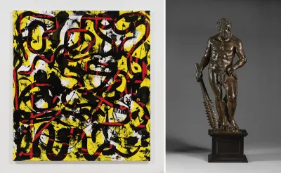 Composite image of an abstract painting and a bronze sculpture of Hercules.