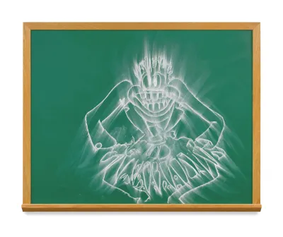 A chalkboard painting showing a figure that is partially rubbed out.