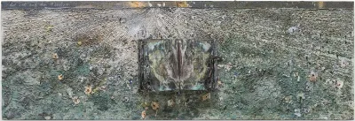 A semi-abstract painting with an open book collaged int the center.