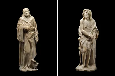 Composite image showing marble sculptures of St. Benedict (left) and St. John the Baptist (right) on a black background.