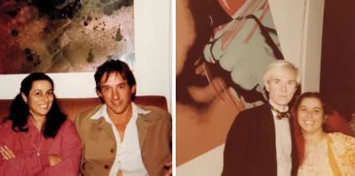Combine image of Joan Quinn and Ed Ruscha sitting on a couch and Andy Warhol and Joan Quinn standing in front of an artwork.