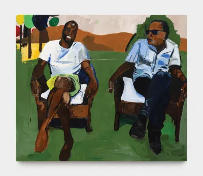 A painting showing two Black men sitting on wicker chairs outside on grass.