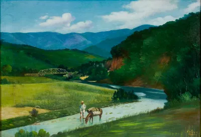 A landscape of Puertor Rico showing a mixed race ran taking his donkey to drink in a river.