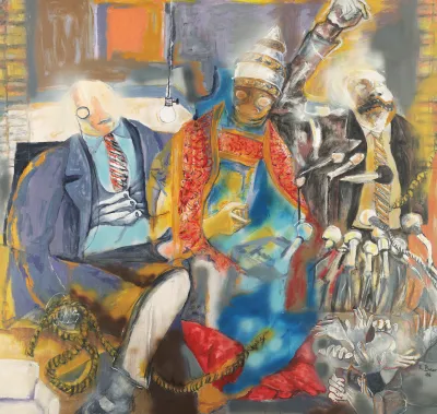 A painting showing three distorted figures: a banker, a cardinal, and a politician.