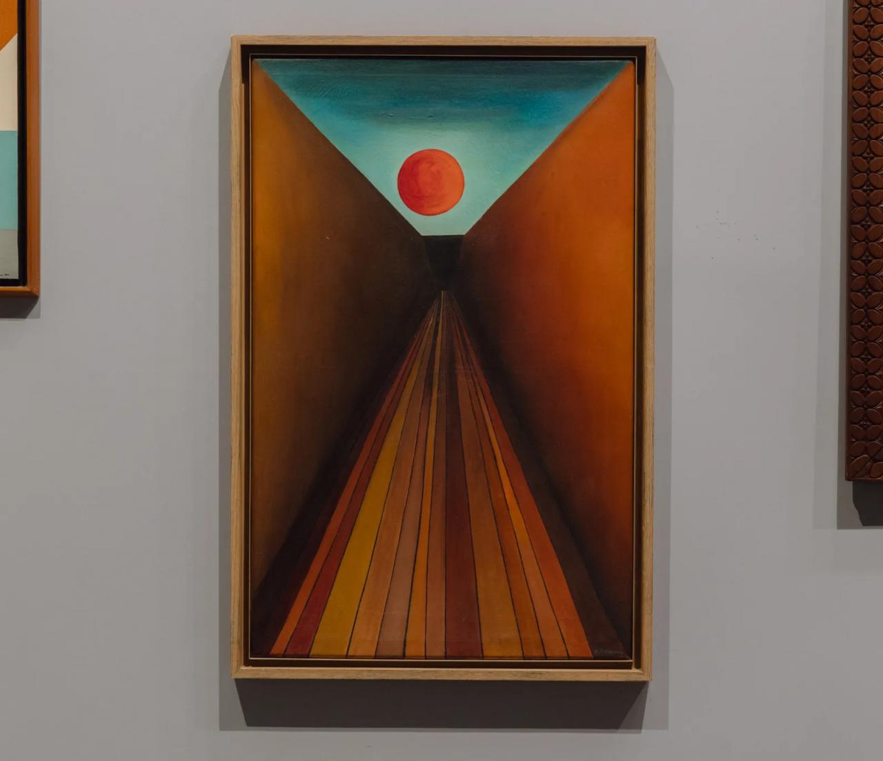 A painting of a reddish orb floating above a long corridor.