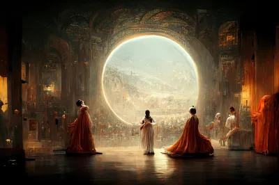 Three figures in robes are seen in front of a large circular opening in a baroque illustrated image.